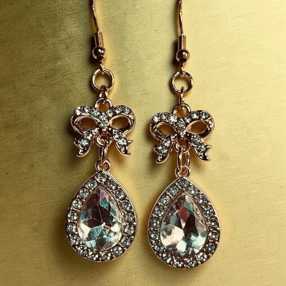 Gold Tone CZ Dangle Earrings Bow And Pear Shape With Bling